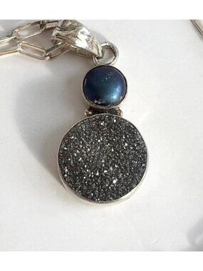 Druzy Quartz Safety Pin Sterling Silver 925 Oval Vintage Pendant Necklace - 15"